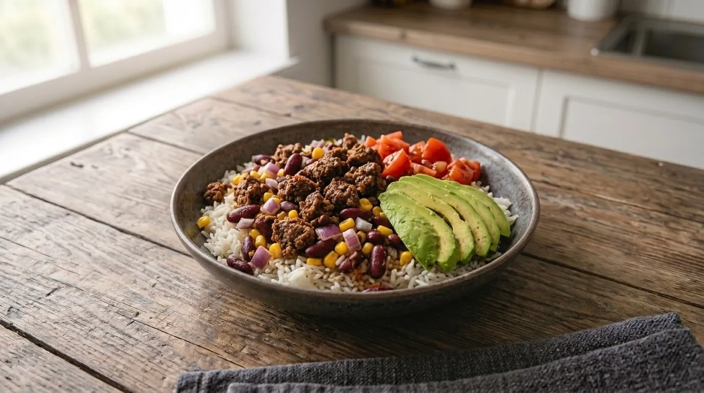 Illustration de l’article Burrito bowl au bœuf, riz et avocat