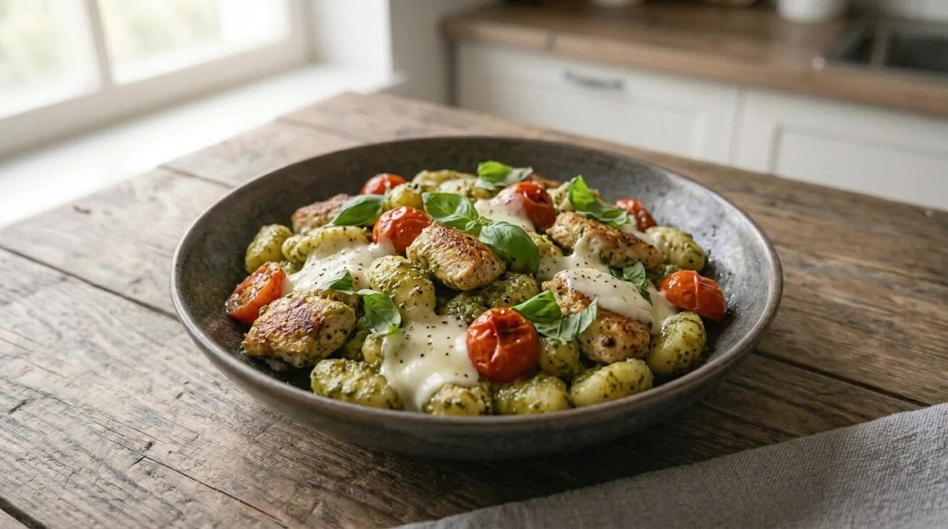 Illustration de l’article Gnocchis au poulet, pesto et mozzarella
