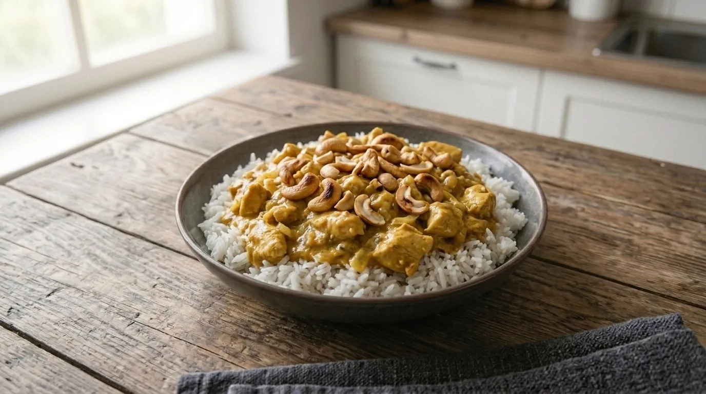 Illustration de l’article Poulet crémeux au curry, riz et noix de cajou